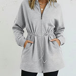 Long Sleeve Waist Drawstring Hooded Coat Casual Loose Fit Cardigan Jacket with Pockets