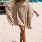 Women's Front & Back Reversible Beach Cover Up Crochet Lace Hollow Out Spliced Tassel Vacation Caftan Dress