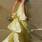 Margovil Spaghetti Strap Ruffle Layered Satin Maxi Dress