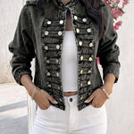 Button Decor Stand Collar Long Sleeve Jacket Casual Denim Coat