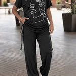 Women's Two Piece Outfits Abstract Face Print Drawstring Top and Elastic High Waisted Straight Leg Pants Casual Tracksuit