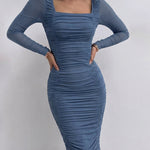 Women's Square Neck Mesh Midi Dress Sexy Ruched Long Sleeve Bodycon Dress Elegant Party Dress