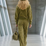 High-end Fashionable Leopard Print Velvet Faux Fur Collar Sweatshirt Wide-leg Pants Suit