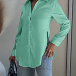 Turn-down Collar Roll Up Sleeve Button Front Shirt Casual Side Slit Curved Hem Top