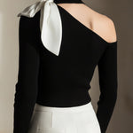 One-Shoulder Knit Top With Contrast Bow Detail
