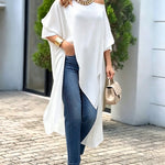 Women's Skew Neck Batwing Sleeve Tee Asymmetric Loose Cape Blouse Slit Elegant Top