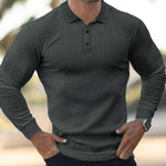 KZZ Men's Solid Color Button Polo Shirt, Regular Fit Casual Long Sleeve Top