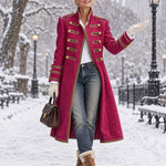 Vintage Military Magenta Gold Button Braided Trim Stand Collar Long Wool Coat