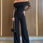 Women's Foldover Off Shoulder Pearl Mesh Jumpsuit Sheer Long Sleeve High Waist Flare Leg Jumpsuit with Pockets