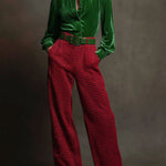 Retro Green Velvet Pleated Long-sleeved Shirt And Houndstooth Wide-leg Pants Set