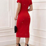 Women's Deep V Neck Glitter Bodycon Dress Ruched Batwing Sleeve High Slit Evening Gown Sparkly Cocktail Party Dress
