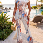Women's 2 Piece Mesh Set Vintage Print Short Sleeve Top and High Waisted Flare Pants Set with Lining