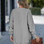 Letter Patch Detail Long Sleeve Drop Shoulder Pullover Sweatshirt Casual Zipper Side Slit Top