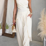 One Shoulder Sleeveless Tie Knot Top High Rise Wide Leg Pants Set