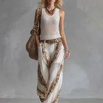 Elegant Vacation Style White Mesh Knit Tank Top