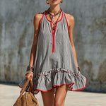 Casual Retro Ruffled Red And White Striped Cotton Linen Sleeveless Mini Dress