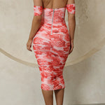 Off Shoulder Mesh Overlay Printed Midi Bodycon Dress