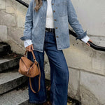 Women's Rhinestone Denim Jacket Washed Button-Down Shacket Sparkling Loose Fit Long Sleeve Casual Outerwear