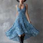 Retro Classic Floral Print Navy Blue Chiffon Sleeveless Maxi Dress