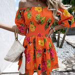 Women's Stretchy Off Shoulder Vacation Dress Tropical Fruit Floral Shirred Waist Ruffle Hem A Line Dress