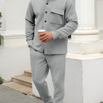 KZZ Men's two-piece casual suit with a stand-up collar long sleeves with a subtle texture
