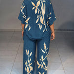 Women's Tropical Plants Print 2 Piece Outfits V Neck Drawstring Ruched Top and Wide Leg Pants Set Casual Loose Loungewear