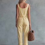 Casual Retro Square Neck Front Zipper Light Yellow Denim Jumpsuit