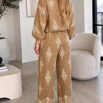 Women's 2 Piece Vintage Print Bohemian Outfit Skew Neck Lantern Sleeve Top and High Waisted Pants Set Casual Vacation Set