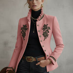Ruffled Stand-up Collar Single-breasted Rose Embroidered Jacket