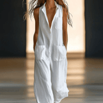Casual Loose Retro White Breathable Linen Sleeveless Wide Leg Pants Jumpsuit