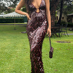 Margovil Spaghetti Strap V Neck Glitter Sequin Maxi Party Dress