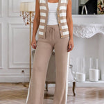 Women's 2 Piece Knit Outfits Striped V Neck Sleeveless Top and Side Stripe Straight Leg Pants Set Casual Loungewear