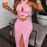 Women's Two Piece Set Criss Cross Halter Backless Crop Top and High Slit Ruched Skirt Sexy Matching Set