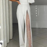 Margovil One Shoulder Long Sleeve Patchwork Wide Leg Jumpsuit