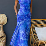 Asymmetric Shoulder Ruched Waist Floral Print Maxi Dress
