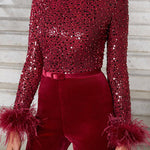 Margovil Feather-Paneled Long Sleeves Bell Bottoms Sequin Jumpsuit