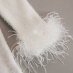 White Mohair V-neck Button Imitation Ostrich Feather Midi Dress