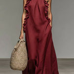 Margovil Sleeveless Linen Blend Ruffle Pocketed Maxi Dress