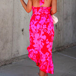 Margovil Cross Halter Backless Printed Irregular Ruffle Dress