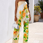 Women's Tropical Floral Jumpsuit Sexy Strapless Tube Overalls High Waisted Faux Two-Piece Jumpsuits with Detachable Clear Straps