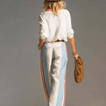 Retro Casual Ivory Surplice V-Neck Top And Blue Red Striped Wide-Leg Cotton-Linen Pants Set
