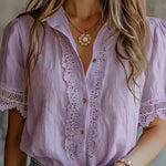 Margovil Lapel Short Sleeves Button Up Lace Trim Top