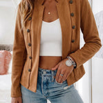 Double Breasted Decor Stand Collar Open Front Faux Suede Jacket Casual Coat