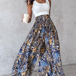 Boho Vintage Floral Print Shirred High Waist Wide Leg Pants