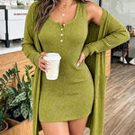 2 Pieces Outfit U-Neck Half Button Front Slim Fit Mini Tank Dress and Long Sleeve Pockets Design Mid-length Cardigan Casual Rhinestone Decor Textured Set