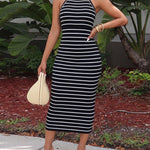 Women's Striped Halter Maxi Dress Sleeveless Ribbed Knit Dress Elegant Back Slit Slim Fit Casual Sundress