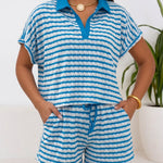 Women's Stripe Textured Two Piece Outfits Polo Top and Drawstring High Waisted Shorts Casual Lounge Set