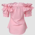 Ruffles Off Shoulder Short Sleeve Button Front Blouse Asymmetrical Hem Top