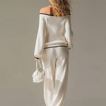Elegant Color-blocked White Halter-neck Long-sleeved Knit Top And Pants Set