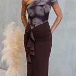 Asymmetrical Shoulder Ruffle Detail Printed Maxi Dress